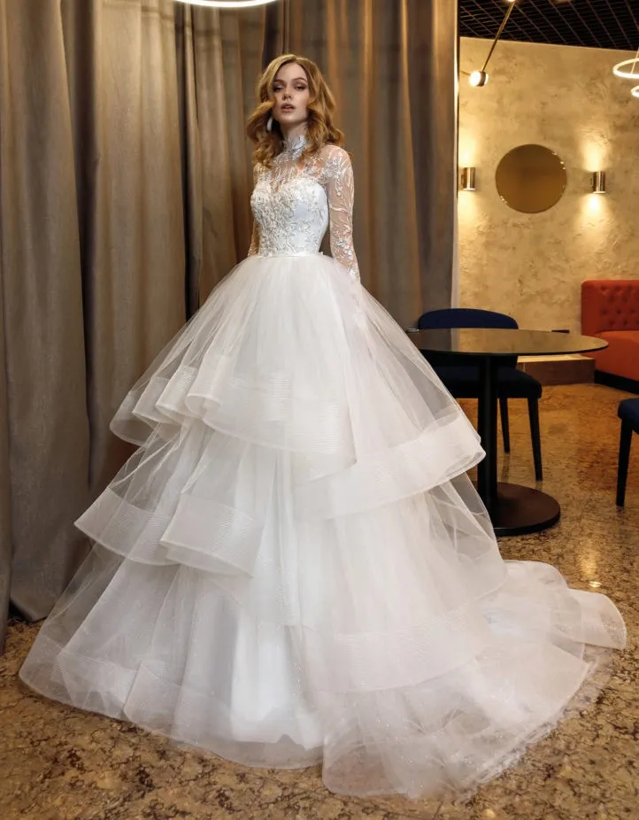Beaded Lace Tiered layered wedding dress with Sheer High Neck and Long Sleeves - A-Line Bridal Gown with Sweep Train and Tulle - Fashionable Robe de Beaded Lace Tiered layered wedding dress with Sheer High Neck and Long Sleeves - A-Line Bridal Gown with Sweep Train and Tulle - Fashionable Robe de