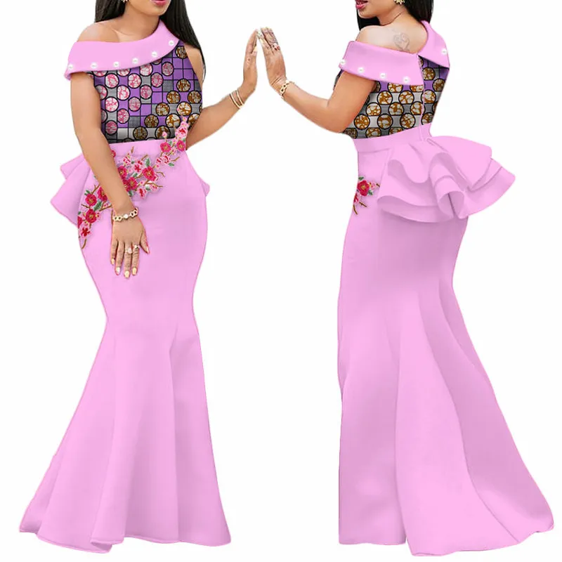 2019 Vestidos de impresión africana para las mujeres Bazin Riche Applique Drapeado Vestidos largos Party Vestidos Ropa africana tradicional WY444