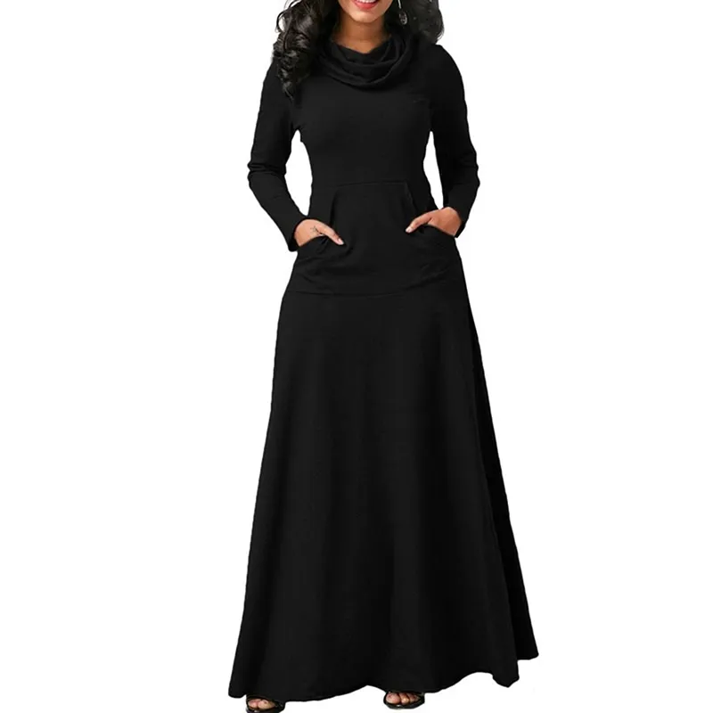 Women Maxi Dress With Pocket Casual Solid Long Sleeve Vintage Long Dress Bow Neck Elegant Warm Robe Female Vestidos