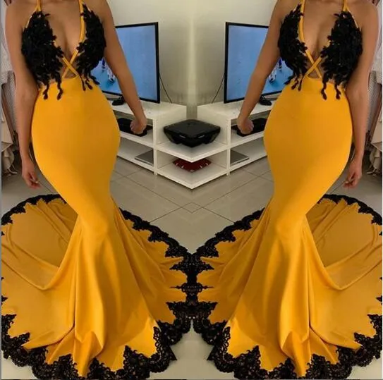 Yellow Sexy Mermaid V Neck Prom Dresses Long Vestidos de Dama De Honor Druhna Suknie Proste Wzór Party Prom Dresses Lace Applique