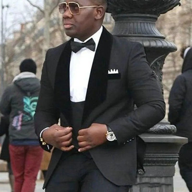 Yüksek kalite bir düğme siyah Damat Smokin şal Yaka erkek takım elbise 3 parça düğün/balo/akşam Blazer (ceket + pantolon + yelek + kravat) W600