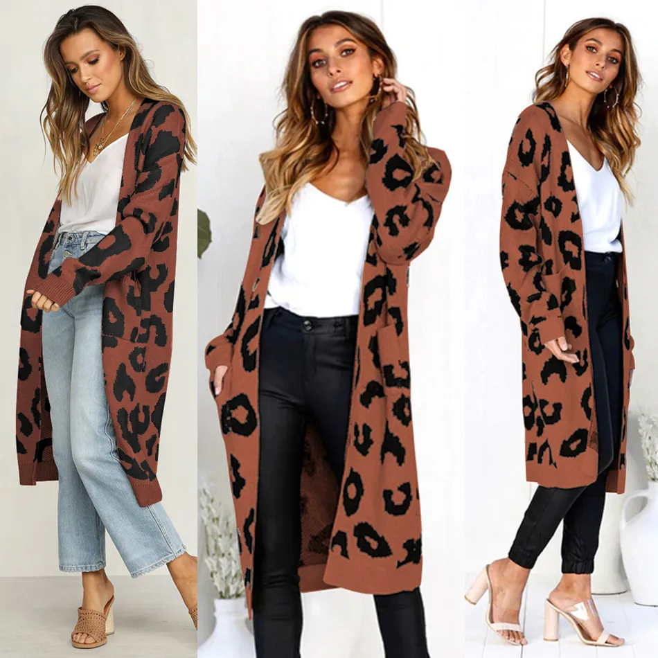 Christmas Women Knitted Cardigan Leopard Print Female Cardigans Long sleeve wool Long Cardigan Sweater coat outwear Sweatershirt LJJA3268