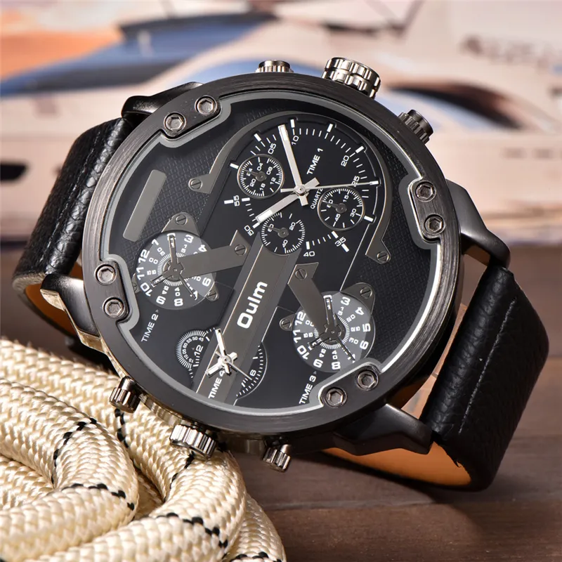 Oulm Relojes grandes para hombres Zona horaria múltiple Deporte Reloj de cuarzo Hombre Casual Cuero Dos diseños Marca de lujo Reloj de pulsera para hombres LY191213