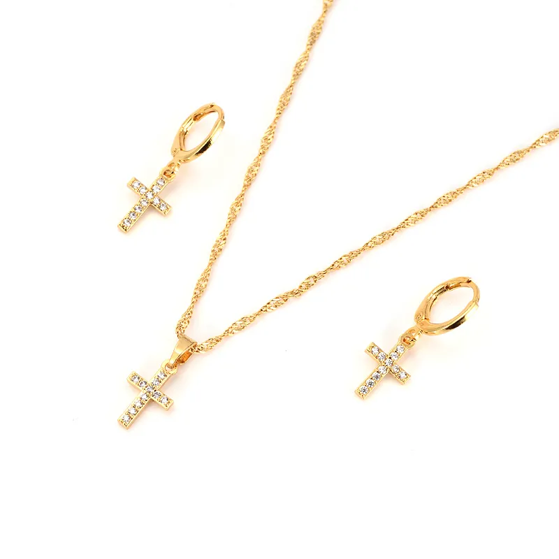 New african Jewelry Sets solid gold GF crystal Cross white CZ fine Pendant Necklace Women Chain girls kids party Wedding gift