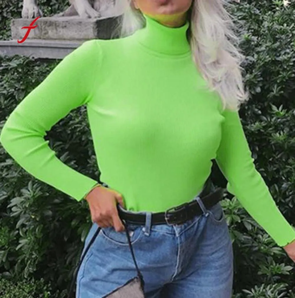 Fluorescent Turtle Neck High Neck T Shirt For Women Fashionable Solid Long  Sleeve Top In Poleras De Mujer Moda 2019 From Linyoutu1, $13.74