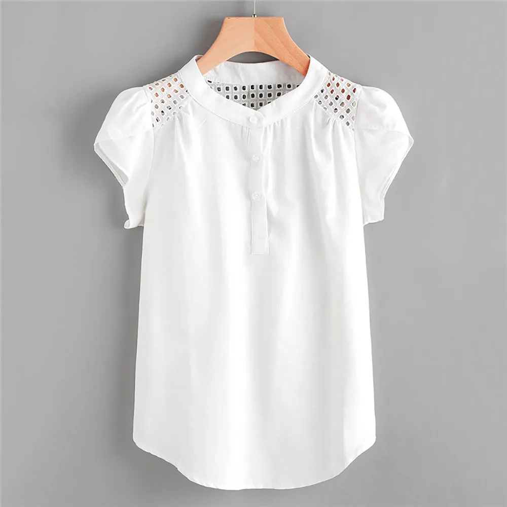 Blusas de Mujer, blusas informales con cuello redondo y manga corta de mariposa ahuecadas, Blusas para Mujer # LSJ