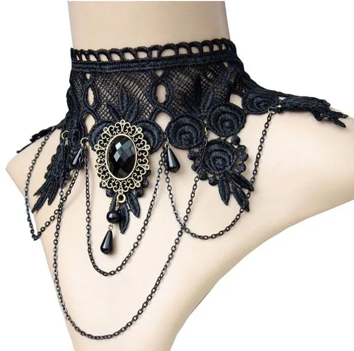 Halloween Sexy Gothic Chokers Crystal Black Lace Neck Collares Choker Necklace Vintage Victorian Women Chocker Steampunk Jewelry G8628071