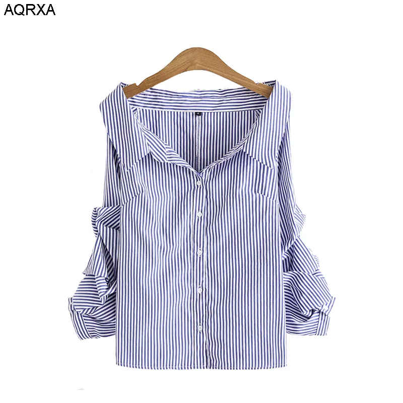 2018 Summer European Style Green Blue Stripe Sexy V Neck Button Up Off Shoulder Shirts Women Puff Pleated Sleeve Blouses Female Y19062501