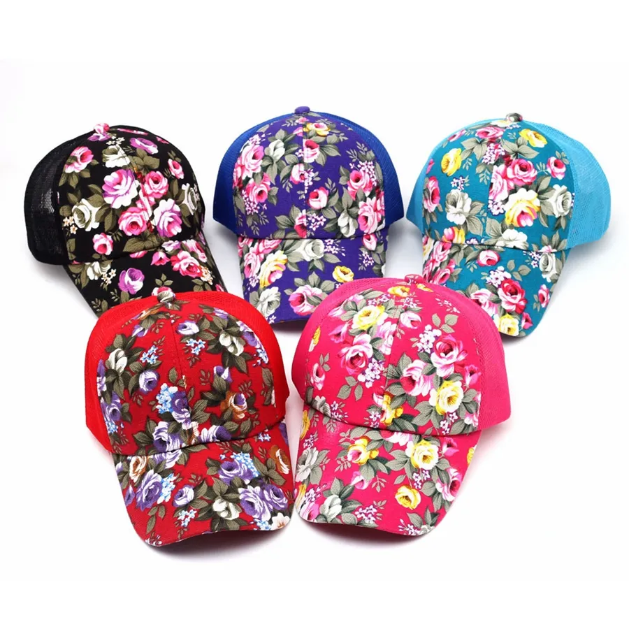 Floral Print Ponytail Baseball Cap Fashion Canvas Flower Mesh Sun Hat Outdoor Summer Women Travel Camping Sunscreen Hat 20pcs TTA908