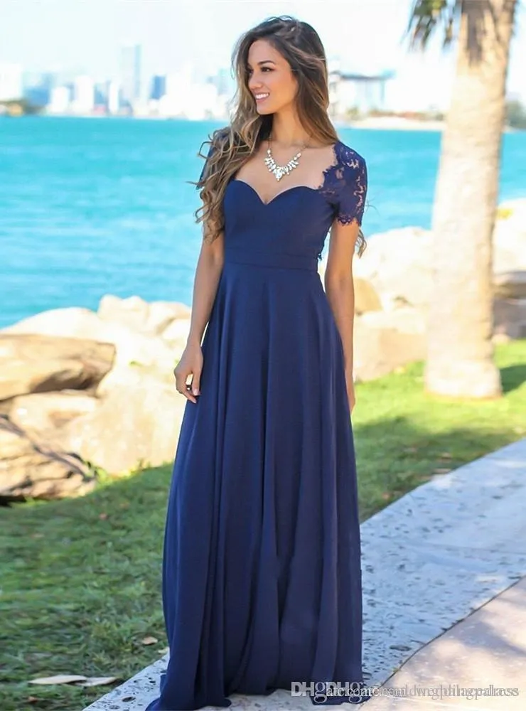 Affordable Navy Blue Lace bridesmaid dress with Short Sleeves, Backless Design, and Chiffon Fabric - Perfect for Plus Size Wedding Guests - Vestidos