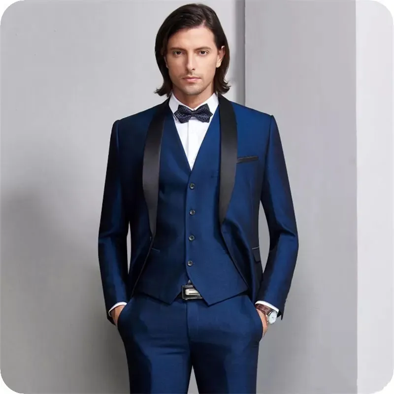 New Style Navy Blue Groom Tuxedos Black Lapel Groomsmen Mens Wedding Dress Fashion Man Jacket Blazer 3 Piece Suit(Jacket+Pants+Vest+Tie) 819