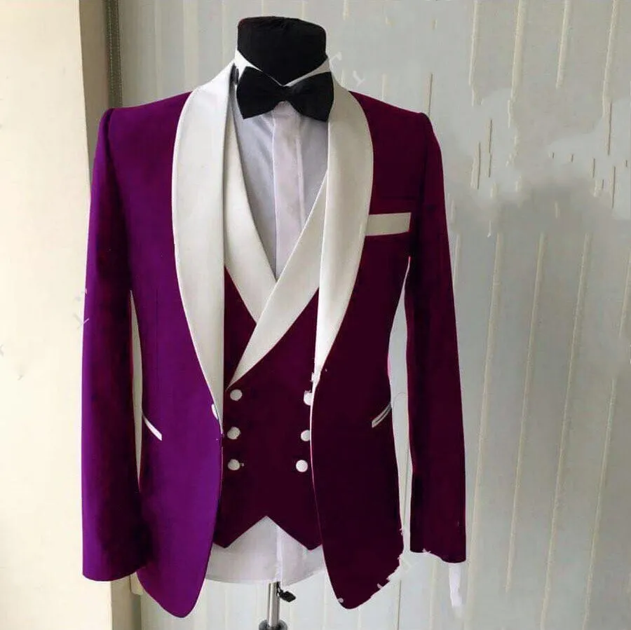 Purple Groom Tuxedos White Lapel Groomsman Wedding 3 Piece Suit Fashion Men Business Prom Party Jacket Blazer(Jacket+Pants+Tie+Vest) 2485