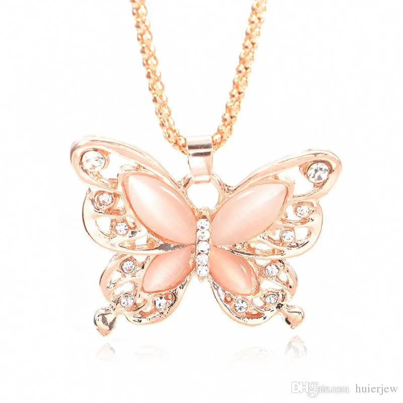 Gold Chain Beautifully Necklace Fashion Rose Gold Plated Opal Butterfly Pendant Necklace Sweater Chain Gift Charm Butterfly Necklace