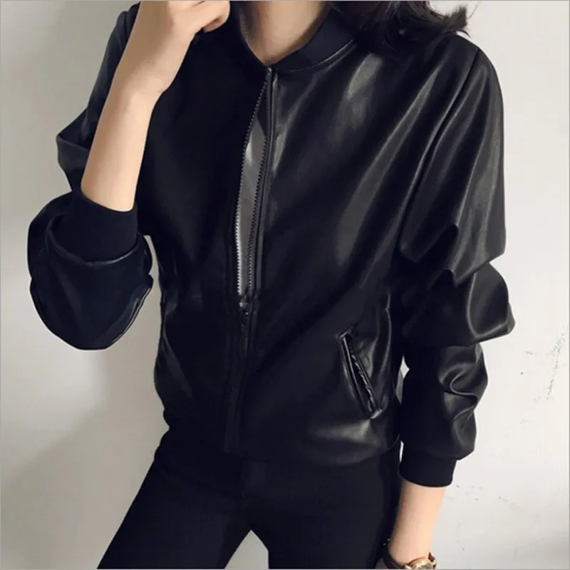 2019 Fashion PU Läderjacka Långärmad V-Neck Coat Women Slim Black Zipper Jackor