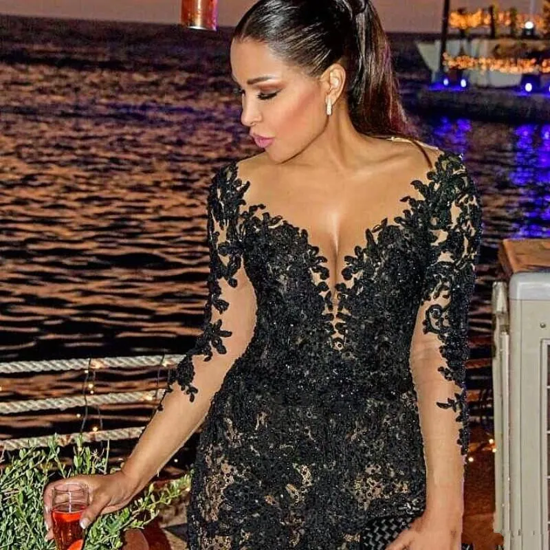 Sexy Black Jumpsuit Prom Dresses Sheer Neck Long Sleeves Beaded Lace Applique Evening Gowns Floor Length Dress Party Wear For Wome269g
