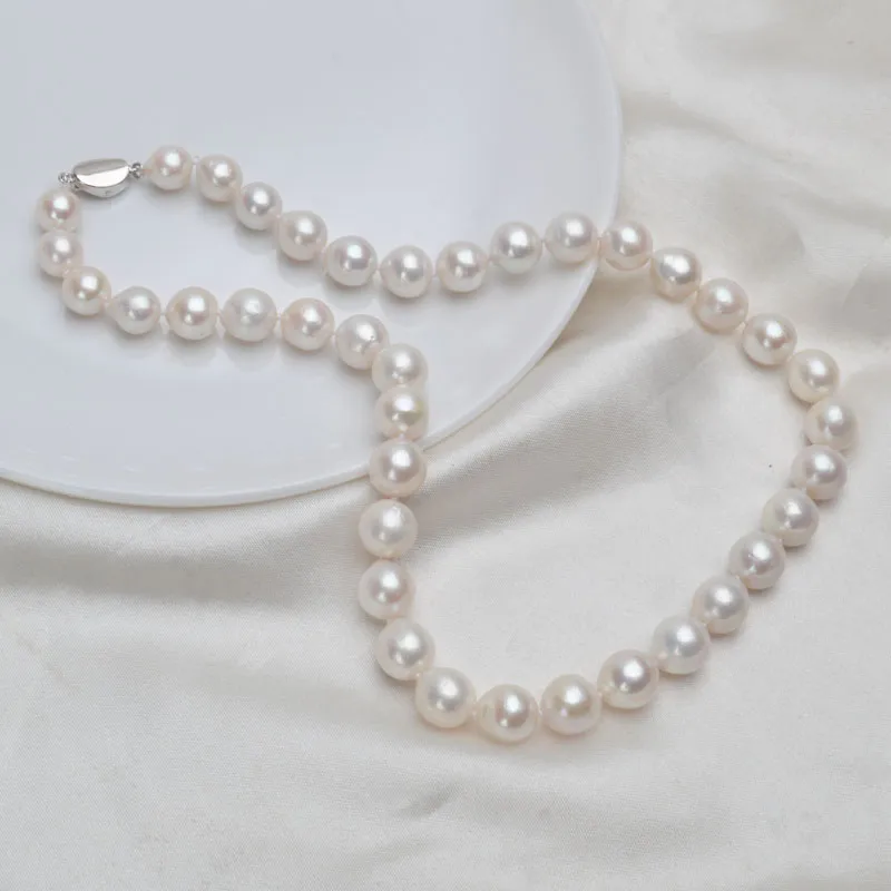 Ashiqi 10-12mm Stor naturlig sötvattenspärlhalsband för kvinnor Real 925 Sterling Silverlås Vit Runda Pearl Smycken Gift