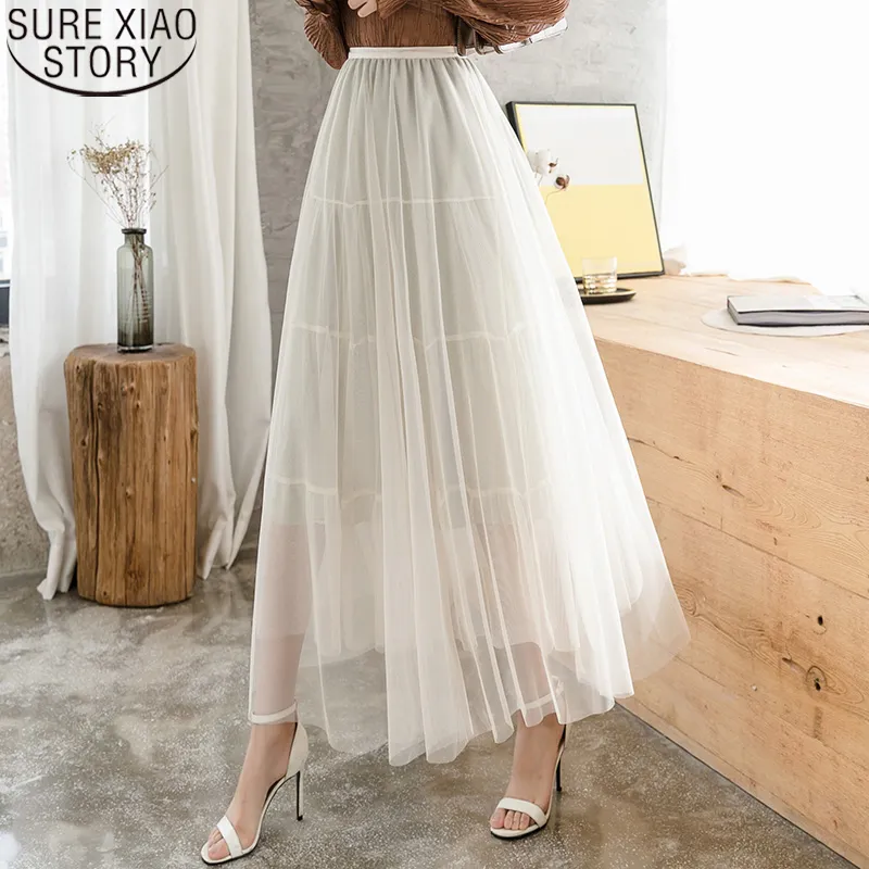Casual Solid Long Tulle Skirt Sequin Skirt Women Summer New Korean High Waist Skirts Fashion Mesh Womens Clothing 8964 50