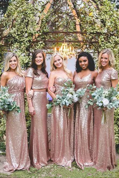 Sparkly Rose Gold Sequins Bridesmaid Dresses 2019 Mixed Style Custom Made Sheath Bridemaid Dress Prom Party Dresses Wedding Guest 2381717
