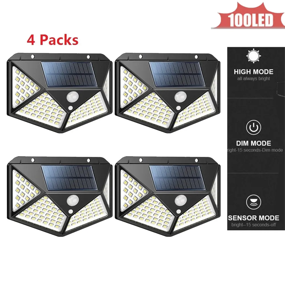 100 LED-lampor Solar Ljus Vattentät Motion Sensor Vägglampa Power Panel Belysning Street Utomhus Trädgård Ljus Vit Svart Färg 4-sidig