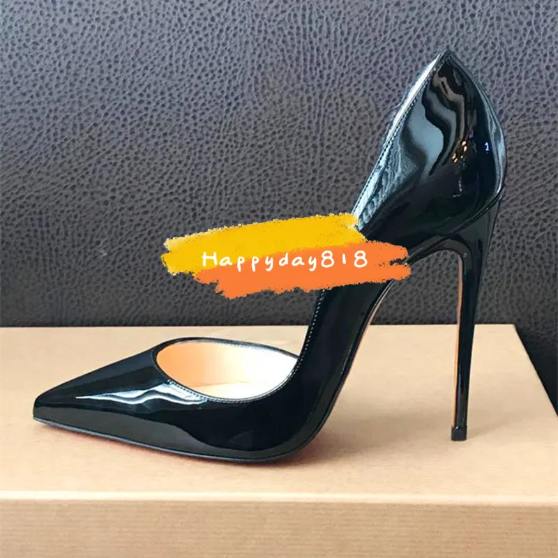 Designer Fri frakt mode kvinnor skor svart lack läder spets tå stilettklack höga klackar pumps brud bröllop skor helt nya 12cm