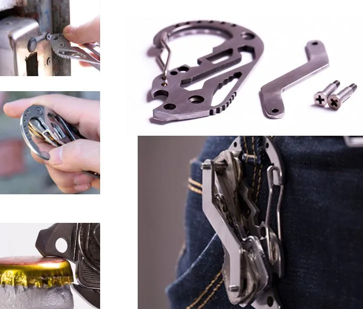 EDC Multifunktionell karabiner Keychain Key Arrangör Rostfritt stålöppnare Multi Tool Utility Gadget Pocket Holder Clip Camp Travel Kit