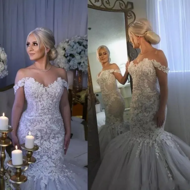 2019 robes de mariée de luxe sirène chérie dentelle tulle appliques cristal épaule balayage train robe de mariée personnalisée robe de mariée formelle