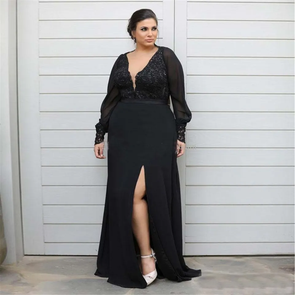 Elegancka koronka Syrenka Plus Size Prom Sukienki Długie Rękawy Zanurzanie V Neck Zroszony Side Split Suknie Wieczorowe Długość SD3338