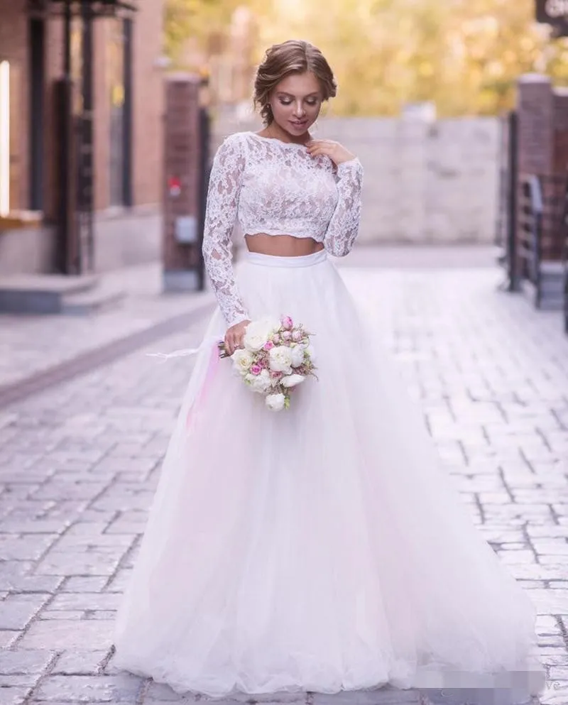 2020 Plus Size Tulle Two Piece Long Sleeve Wedding Dresses With