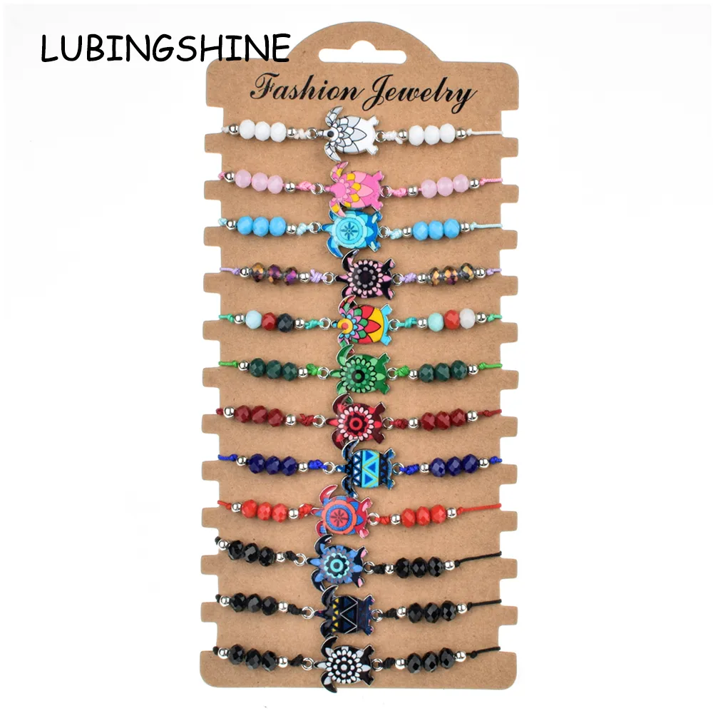 Bohemian 12pcs/lot Turtle Animal Charms Braided Bracelet for Women Child Crystal Bead Adjustable Rope Chain Yoga Anklet Jewelry