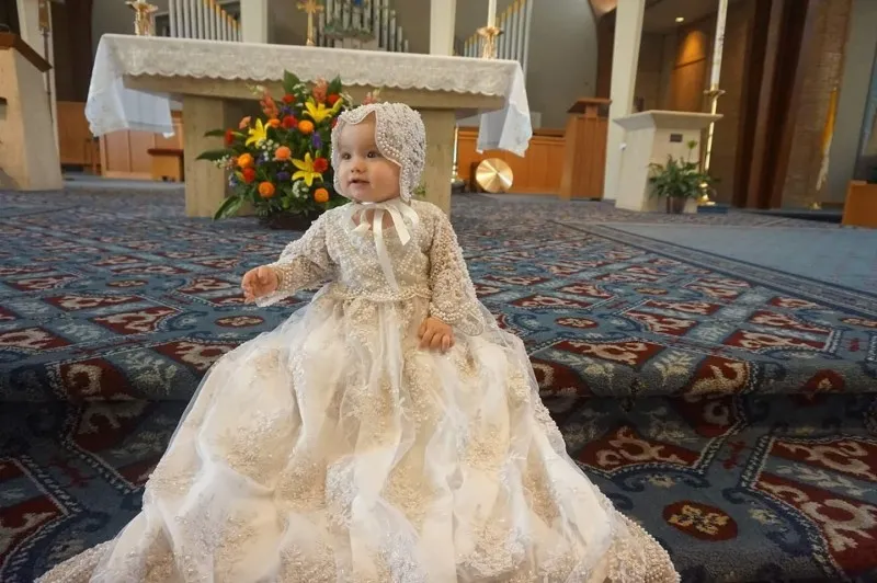 fitted lace wedding dress Erica Baptism Dress / Youth Formal White Dress – WhiteTempleDresses main image 1