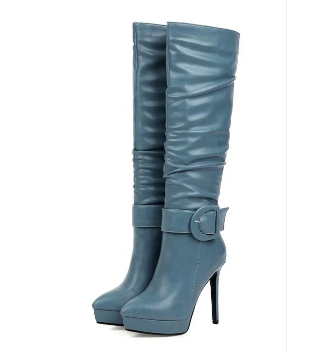 Plus Size 32 do 42 do 46 Chic Klamry Platforma Chunky Obcasy Pomarszczone Kolano High Boots Designer Buty 5 Kolory