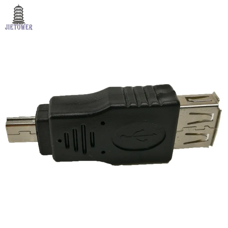 300PCS / LOT Svart USB 2.0 En Kvinna till Mini USB B 5PIN Male Plug OTG Host Adapter Converter Connector