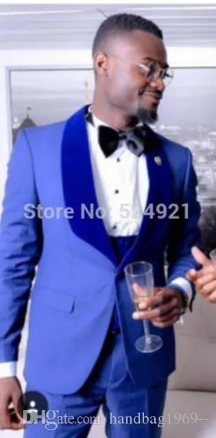 Latest Design One Button Blue Groom Tuxedos Shawl Collar Groomsmen Dresses Mens Clothes Wedding Suits (Jacket+Pants+Vest+Tie) D:273