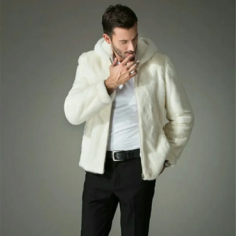 Winter männlicher weißer Pelzmantel, Freizeitkleidung, simulierter Tierfellmantel, Mann mit Kapuze, Jacke, modische Kleidung für Herren, Pelz-Outwear