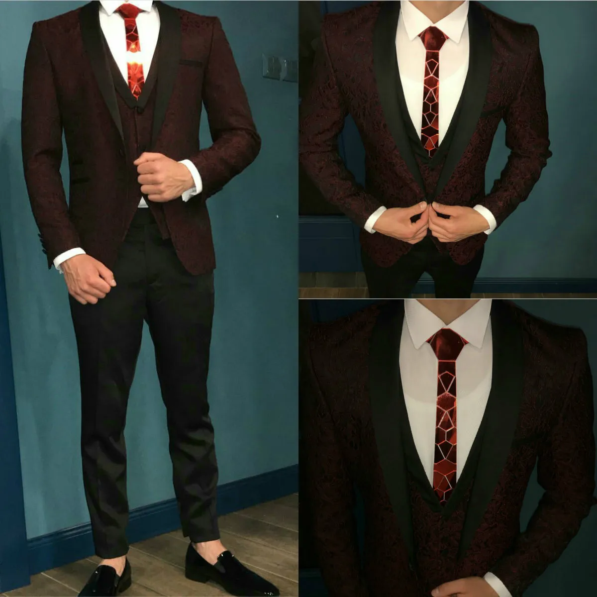 Mode Herren Anzüge Schwarz Schal Revers Anzug Party Bräutigam Hochzeit Bräutigam Smoking Blazer Herren Anzüge Mit Floral Prom Kleid