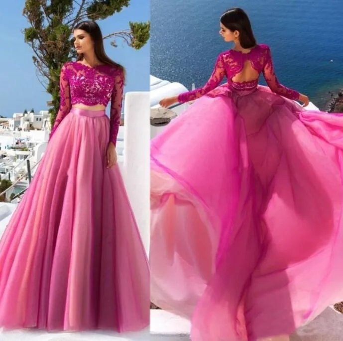 Ballkleid mit langen Ärmeln, Spitze, Tüll, durchsichtig, A-Linie, Abendkleider, Partykleid, formell, Festzug, elegant, zweiteilig, Fuchsia