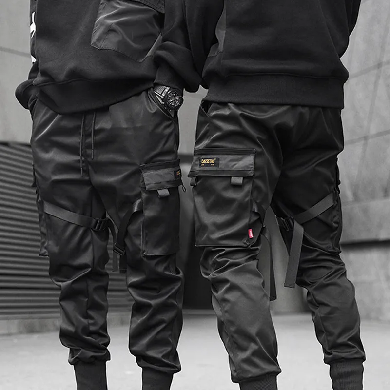 Mens Pants Cool Black Hip Hop Cargo Full Length Elastic Waist