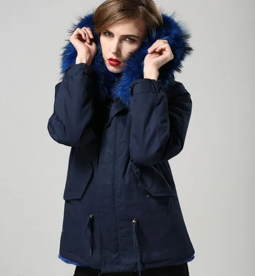 Womens Blue Fur Parka Navy Mini Snow Coat, Raccoon Fur Trim