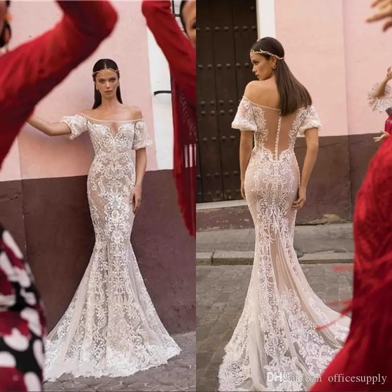 Vestidos de novia de sirena hermosa sexy Nueva blusa de ilusión Sheer Off Shoulder Apliques de encaje Botón cubierto Volver Vestidos de novia largos vestidos