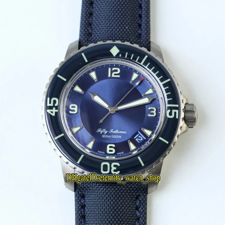 ZF Toppversion Fifty Fathoms 5015-12B40-O52A Titaniumväska Blå Datum Ring Cal.1315 Automatiska Mens Watch Sapphire Canvas Strap Sport Klockor