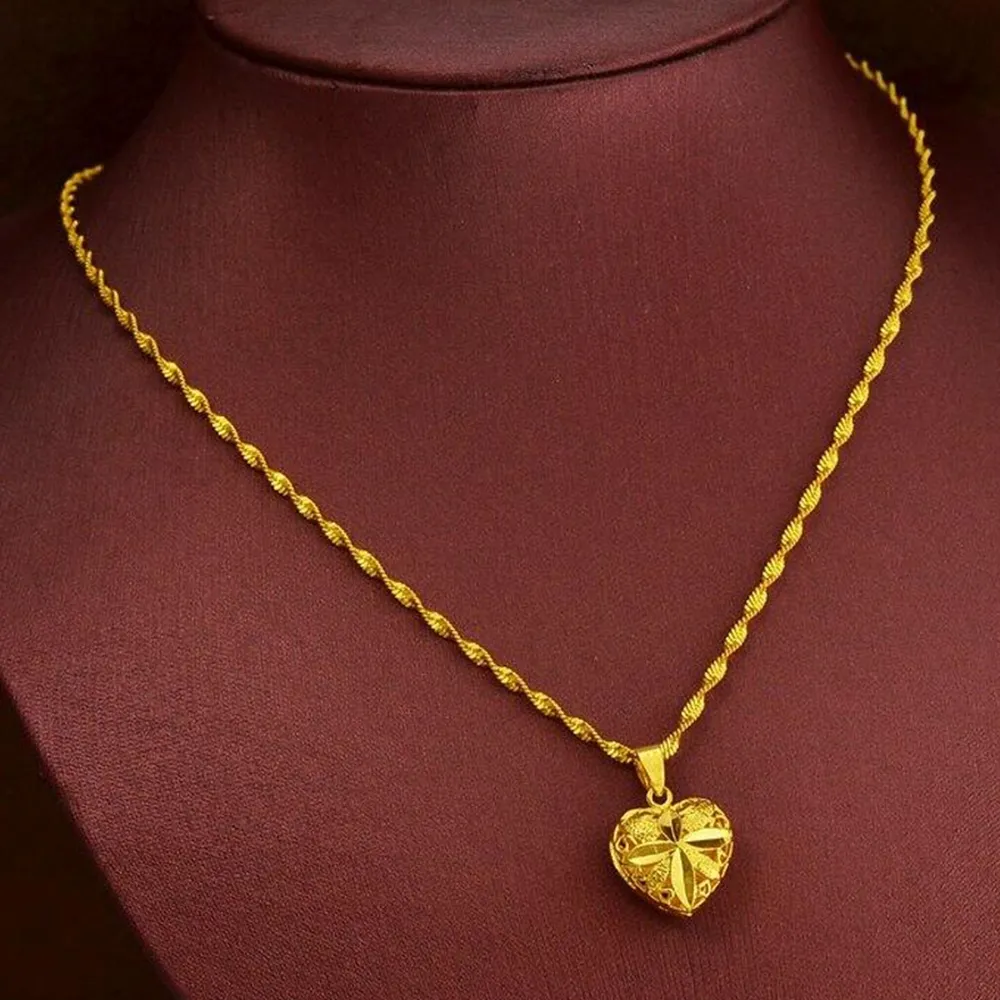 Corrente de pingente de coração cinzelada estilo clássico charme pequeno 18k ouro amarelo cheios de presente romântico de cadeia de pingente