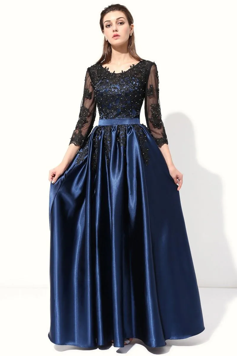 2020 nuevo vestido De noche largo caliente azul con bordado De encaje negro 4 3 manga banquete vestidos De madre De la novia bata De noche