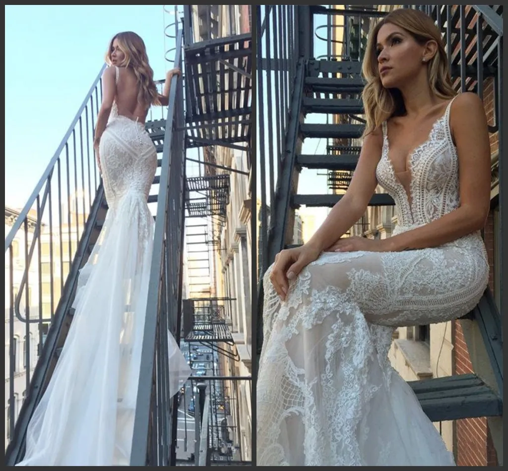 2019 New Modern Pallas Couture Vestidos De Noiva Sereia Mergulhando Pescoço Backless Lace Vestidos De Noiva Plus Size robe de mariée Vestido De Noiva Da Praia