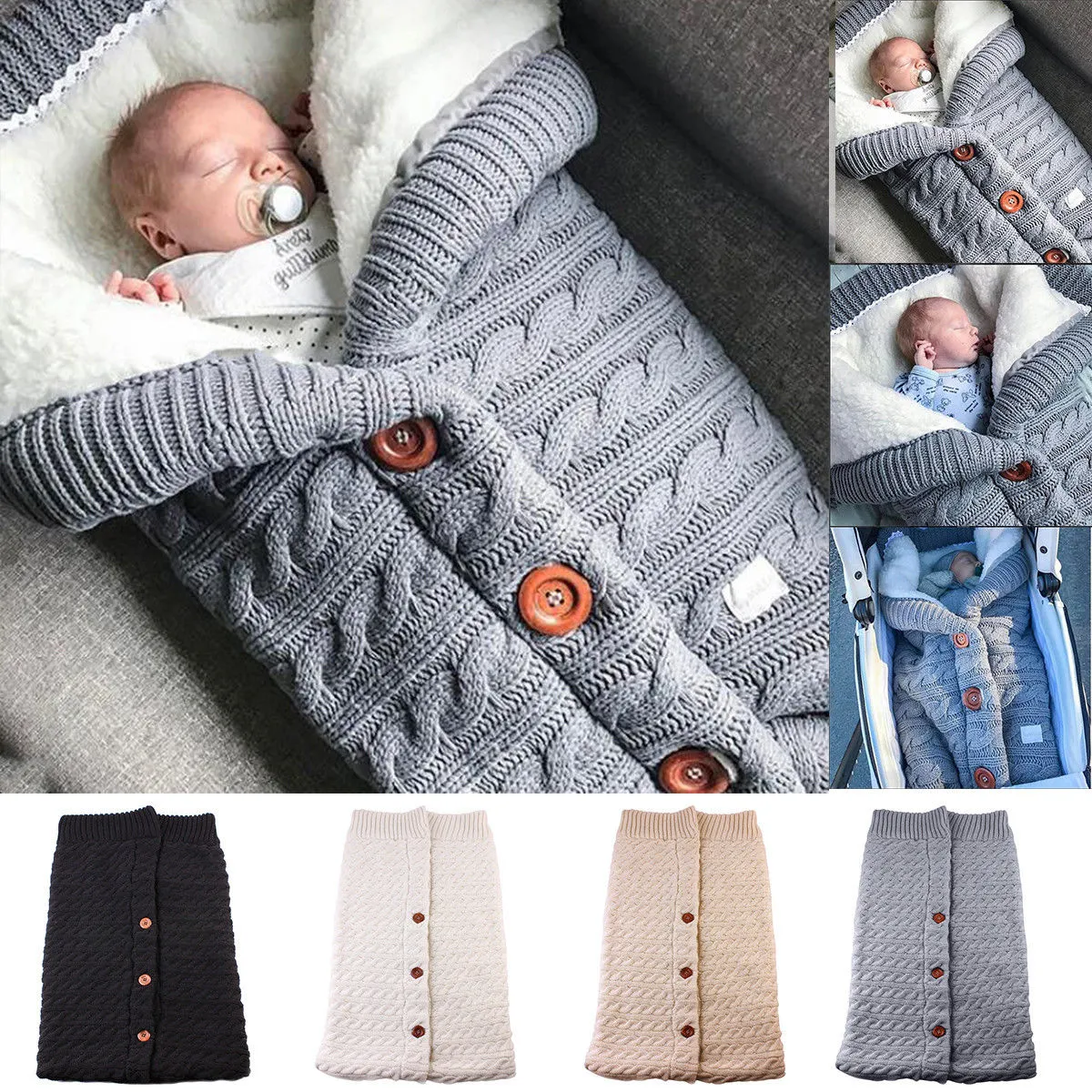 Nyf￶dd baby Vinter varma sovs￤ckar Sp￤dbarnsknapp Knit Swaddle Wrap Swaddling Barnvagn