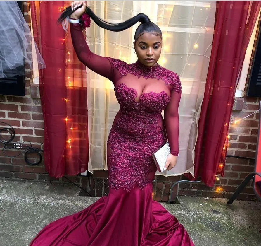 2019 Sexy African Mermaid Prom Dresses Appliques High Neck Plus Size Evening Gowns Illusion Long Sleeves Women Party Dress Vestidos