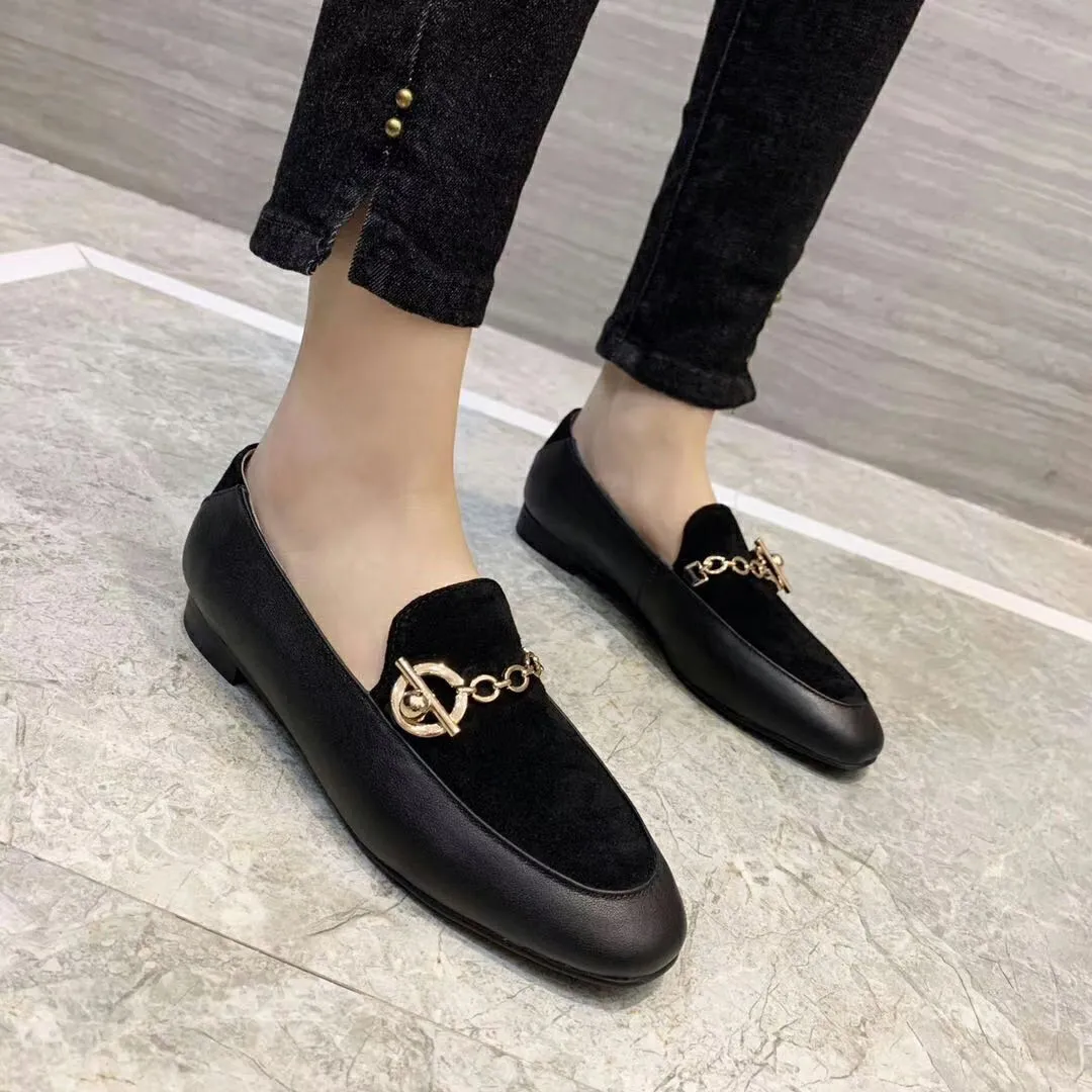 fashonville~20200318067 black genuine leather suede gold chain loafers flats shoes