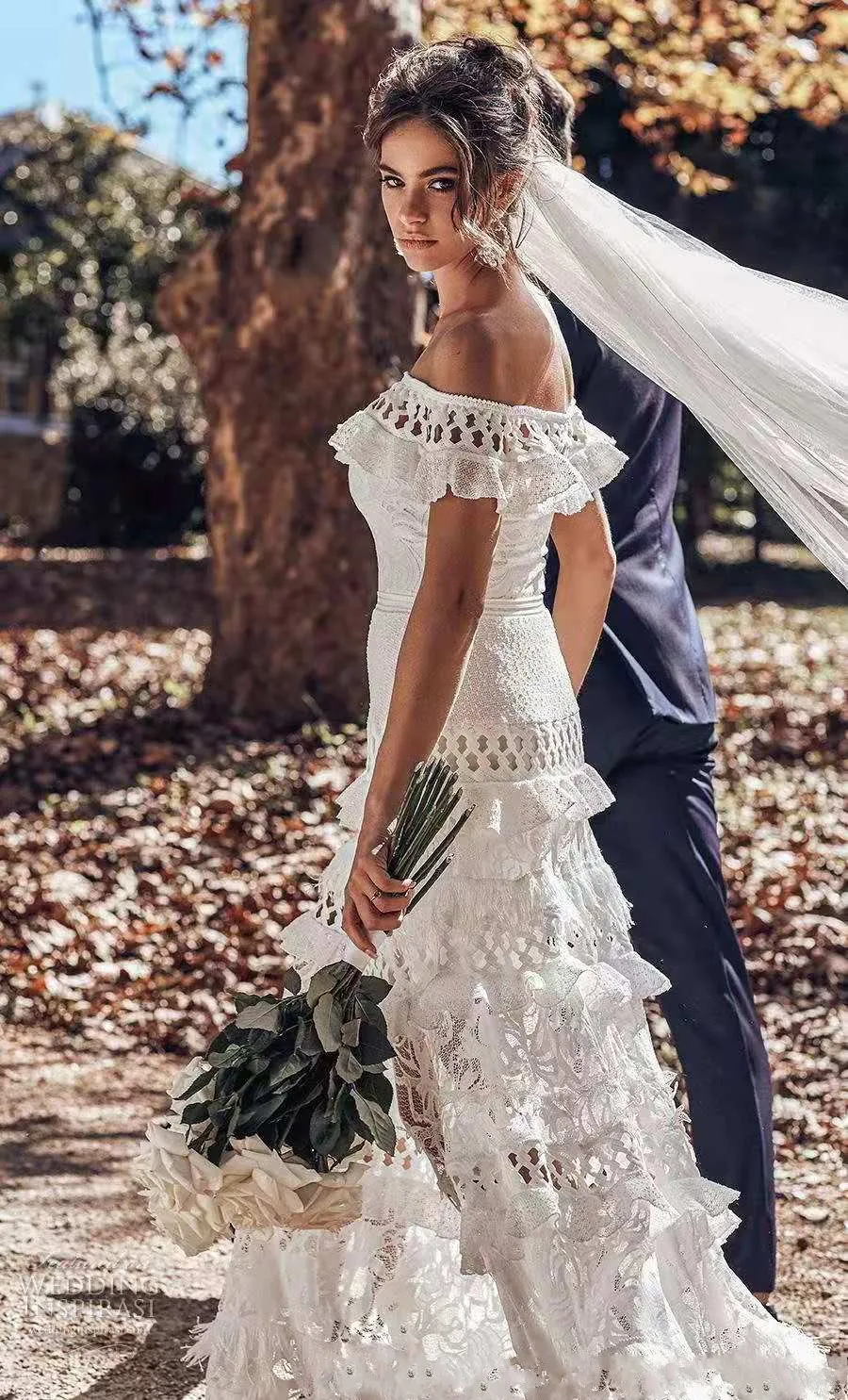 Boho Beach Wedding Dresses Off Shoulder Tiered Ruffle Lace Applique Bridal  Gowns | eBay