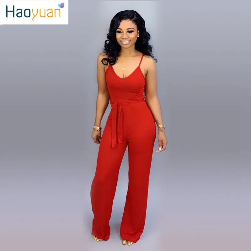 HAOYUAN Sexy Spaghetti Strap Jumpsuits Summer Sleeveless Cute Sweet Style Rompers Streetwear Wide Leg Long Pants Womens Overalls