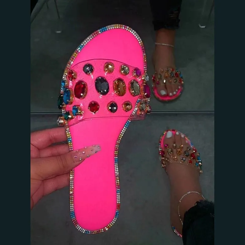 Tofflor glider kvinnor flip flops skor ädelsten rhinestones sandaler damer vild diamant 2021