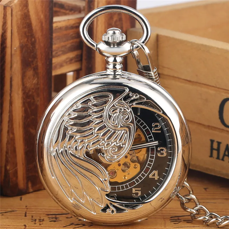 Vintage Retro Silver/Golden Watches Hollow Phoenix Feather Unisex Automatic Mechanical Pocket Watch Skeleton Pendant Clock for Men Women FOB Chain